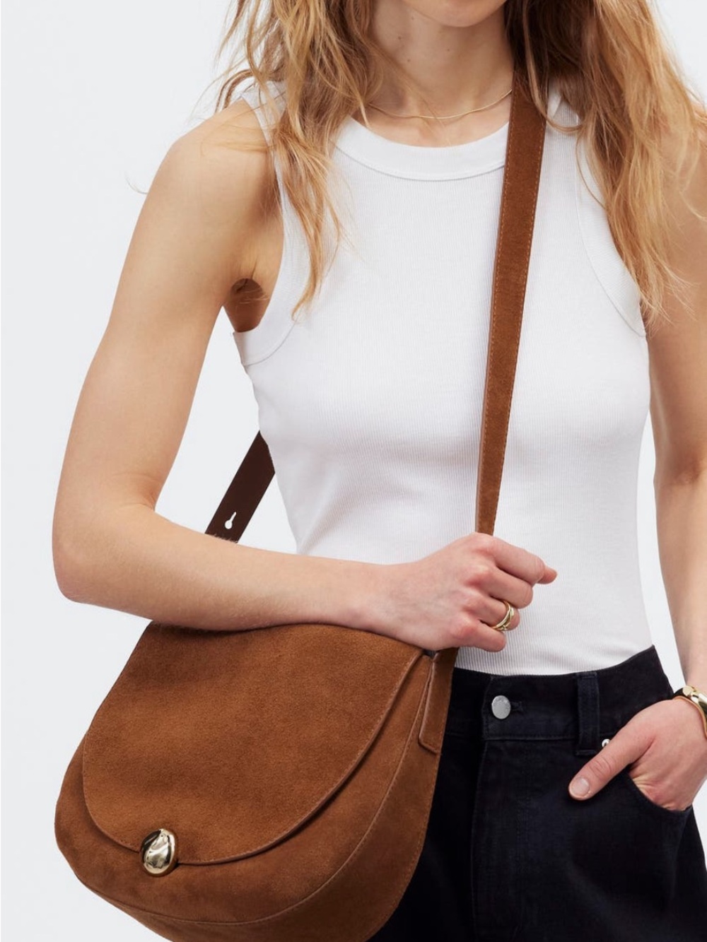 Suede Crossbody Saddle Bag in Chestnut Brown price firm